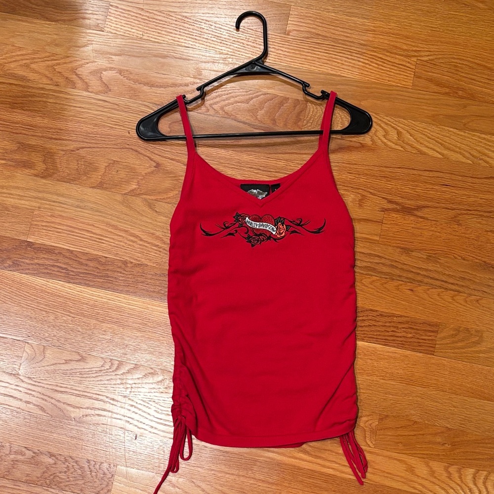 Harley-Davidson Red Camisole with Heart and Roses Embroidered Graphic Design